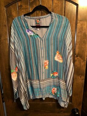 RARE Johnny Was Colorful Plaid Floral Button-Down Tunic Top